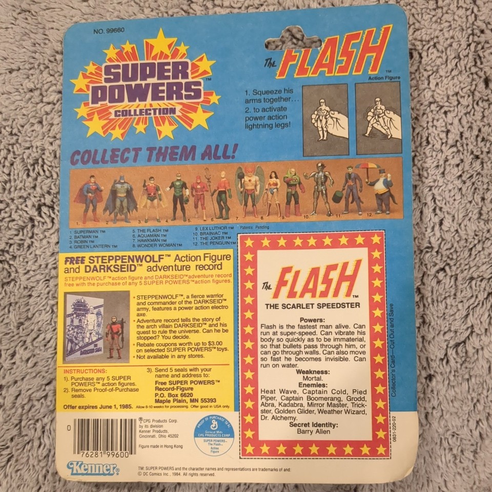 Photo of the Back of a Kenner Super Powers Collection The Flash on the 12-Back card with Steppenwolf Offer.
